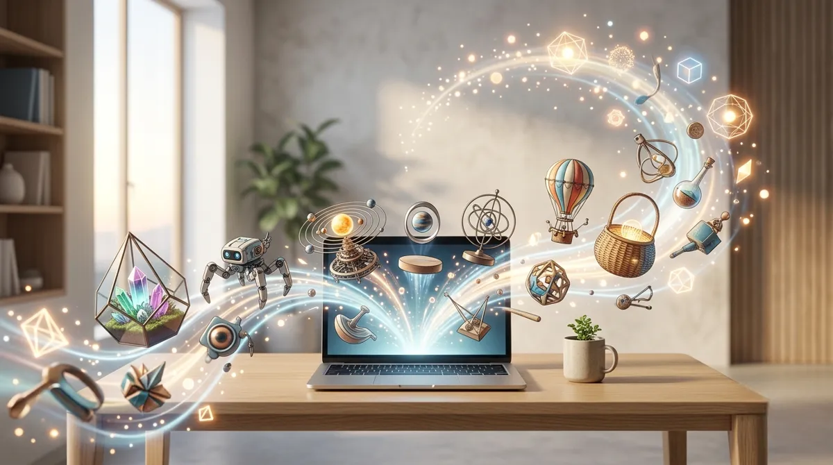 An editorial illustration of a laptop on a minimalist desk, emitting a dynamic, flowing stream of unusual and imaginative products that transform into glowing geometric ideas and light particles in a soft morning light setting.