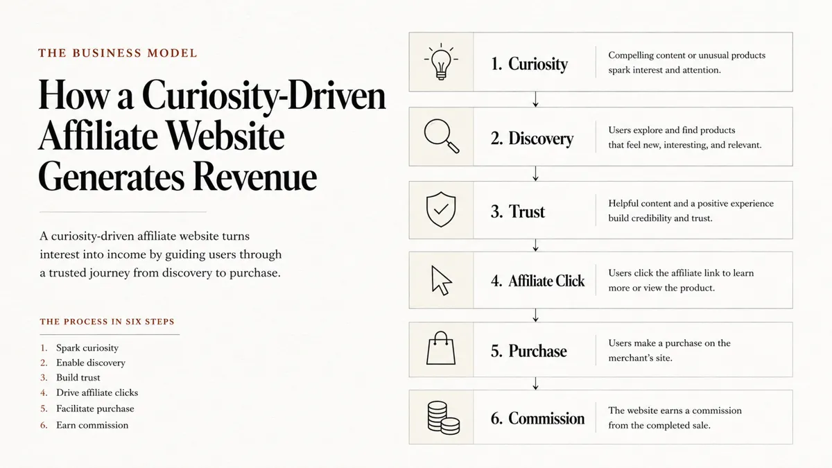 Editorial infographic showing the affiliate business model behind This Is Why I'm Broke, from curiosity and product discovery to affiliate commissions.