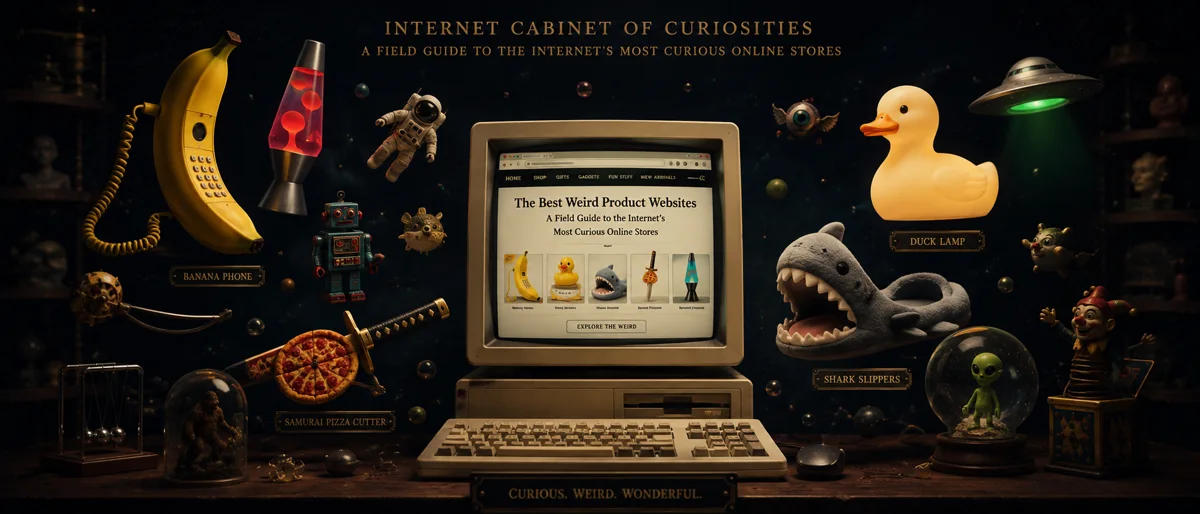 A cinematic illustration of an Internet Cabinet of Curiosities featuring a vintage CRT computer displaying a weird product website. Floating around it are a banana phone, duck lamp, samurai pizza cutter, shark slippers, lava lamp, and other quirky objects against a dark museum-like background, symbolizing curiosity, discovery, and the history of weird product websites.