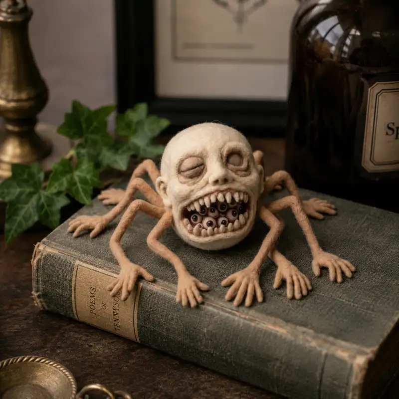 Handmade needle felted art doll with a surreal spider body, humanoid head, and eyeball-filled mouth displayed as dark art decor.