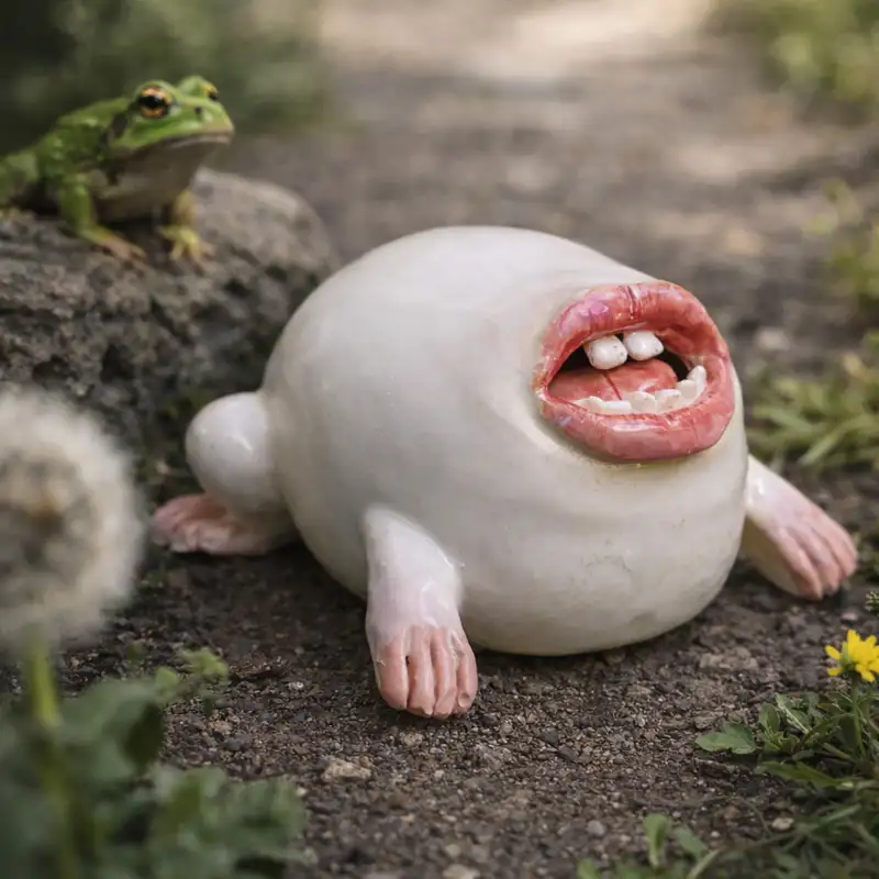 Handmade ceramic mouth figurine with abstract lips design, displayed as a quirky art sculpture.