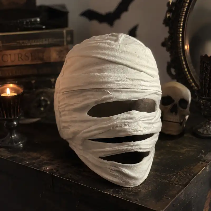 3D printed mummy mask with wrapped bandage design and magnetic faceplate for Halloween cosplay