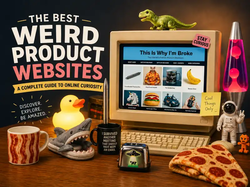 Retro desktop computer displaying a weird product website, surrounded by unusual gadgets and novelty gifts, illustrating the best weird product websites.