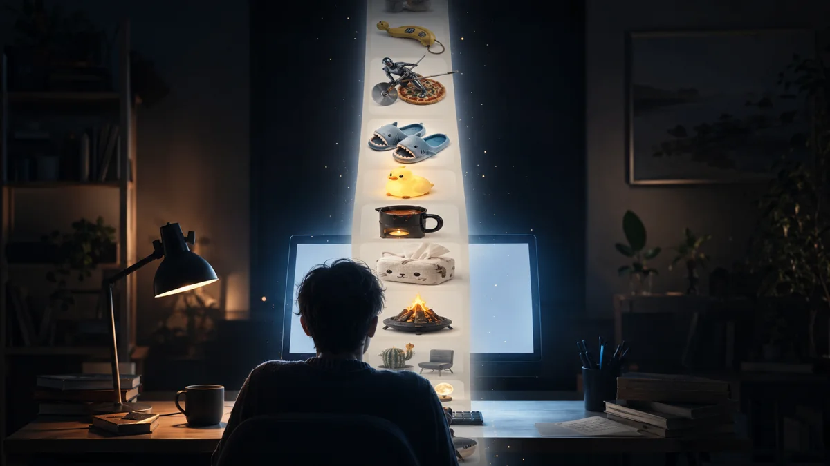 A cinematic editorial illustration of a person sitting alone at a desk late at night, viewed from behind, illuminated by the glow of a computer monitor displaying an endless vertical stream of quirky products. The infinite feed features a banana telephone, samurai pizza cutter, shark slippers, glowing duck lamp, chocolate fondue mug, cat-shaped tissue box, miniature campfire diffuser, and other whimsical objects fading into darkness. A coffee mug, books, and scattered notes rest on the desk, while warm ambient lighting contrasts with the cool monitor glow, creating a cozy yet mysterious atmosphere that captures the feeling of endlessly exploring strange and delightful discoveries online.