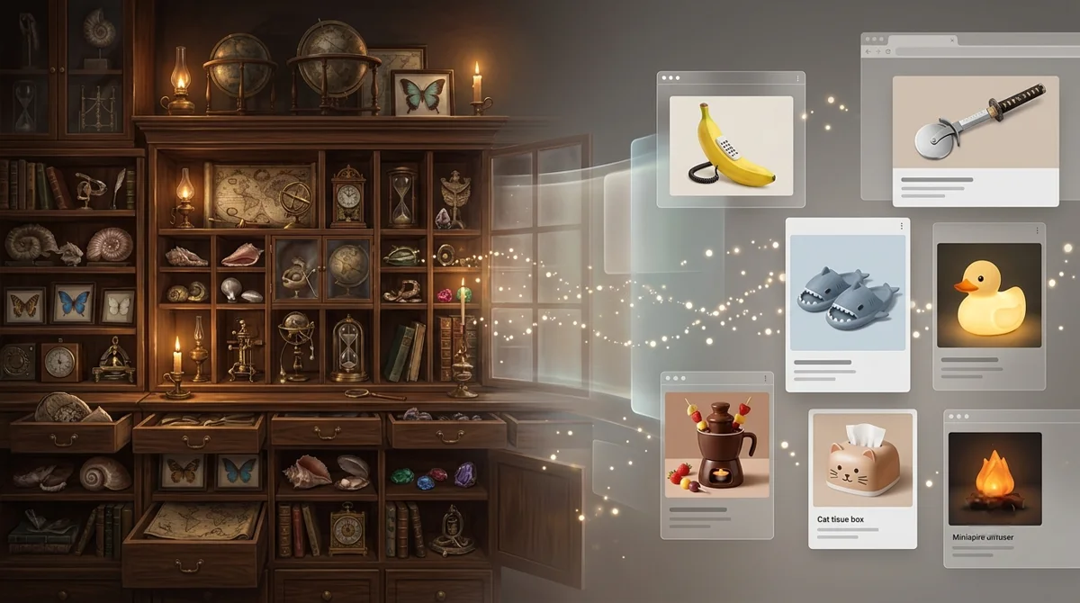A dual-sided illustration: left, a traditional 17th-century wooden cabinet of curiosities with natural and antique artifacts; right, floating digital windows displaying whimsical modern novelty items like a banana phone, shark slippers, and a katana pizza cutter, linked by a flow of magical light particles.