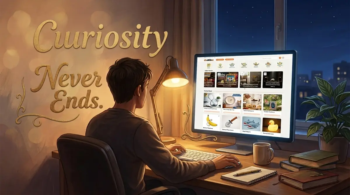 An editorial digital illustration of a cozy, dimly lit room at night, where a person sits at a wooden desk browsing a curated website of curiosities named Oddbo on a glowing monitor. The scene is illuminated by a warm desk lamp and the soft light of the screen, showcasing unique product cards like a banana telephone, shark slippers, and a glowing duck lamp. The desk is naturally arranged with a ceramic coffee mug, a notebook with a pen, and a stack of books, while a window reveals a quiet city night sky.