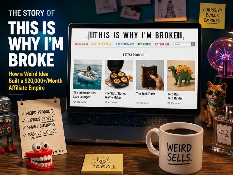 Editorial illustration of a laptop displaying This Is Why I'm Broke, surrounded by quirky products that represent curiosity-driven shopping and a successful Amazon affiliate business.