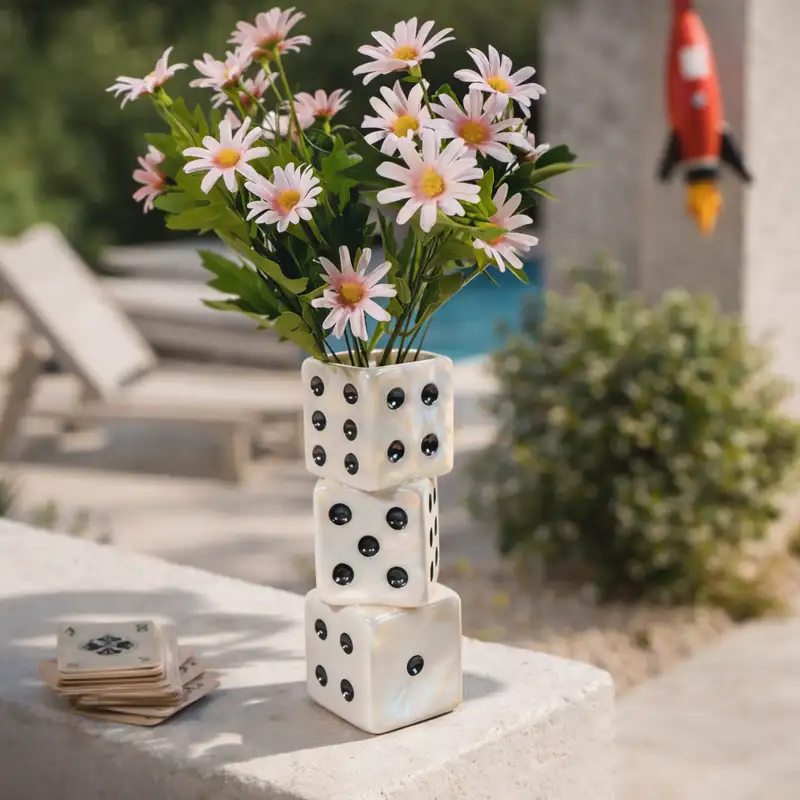 Ceramic dice vase with pink flowers, quirky home decor accent on tabletop
