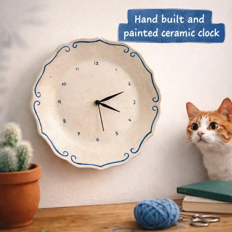 Hand built ceramic wall clock with scalloped edges, blue painted patterns, and artistic pottery design hanging on a wall.