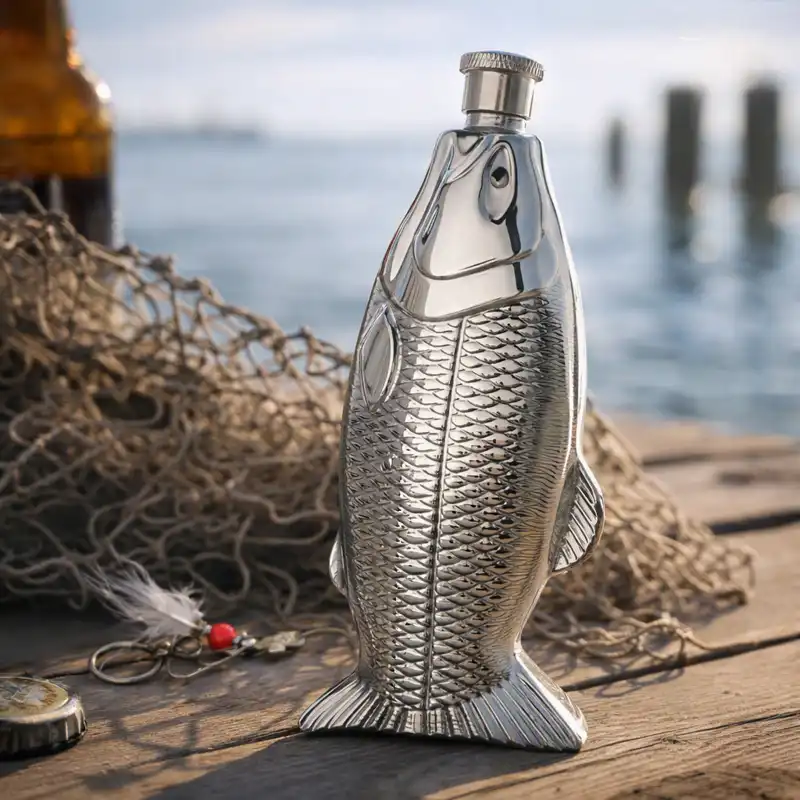 Stainless steel fish flask shaped like a fish, portable hip flask for outdoor use