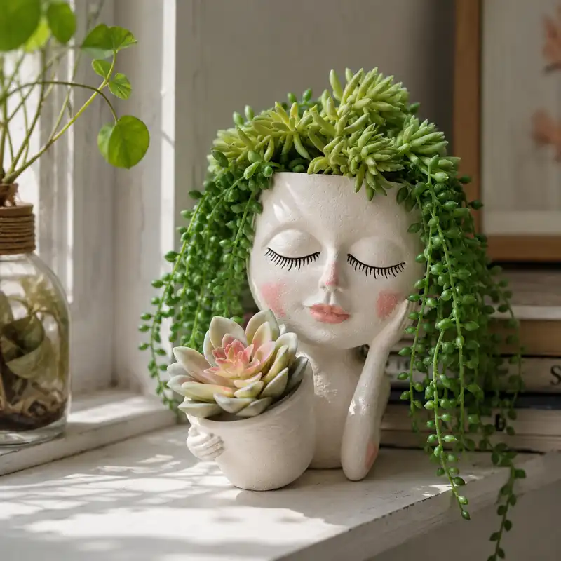 White resin face planter with closed eyes, holding a small succulent pot and decorated with cascading green plants.
