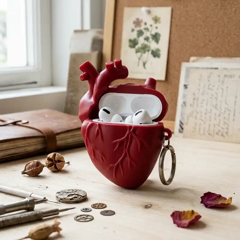 A red anatomical Heart Shaped AirPods Pro 2 Case made of silicone with an attached keychain clip.