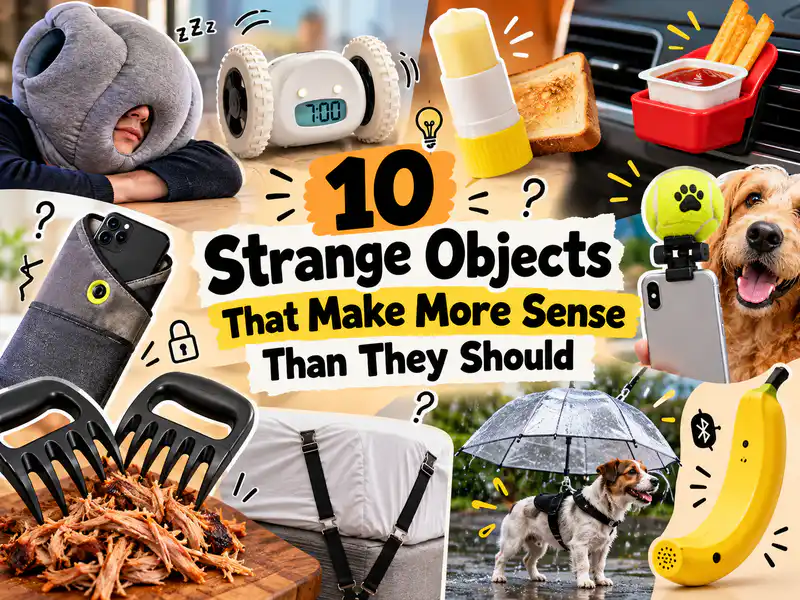 Collage of strange but clever objects including a runaway alarm clock, wearable nap pillow, butter stick, dog selfie attachment, meat shredding claws, dog umbrella, and banana phone.
