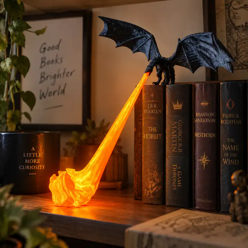 Dragon bookshelf decor featuring a black flying dragon breathing a glowing orange LED flame beside fantasy books