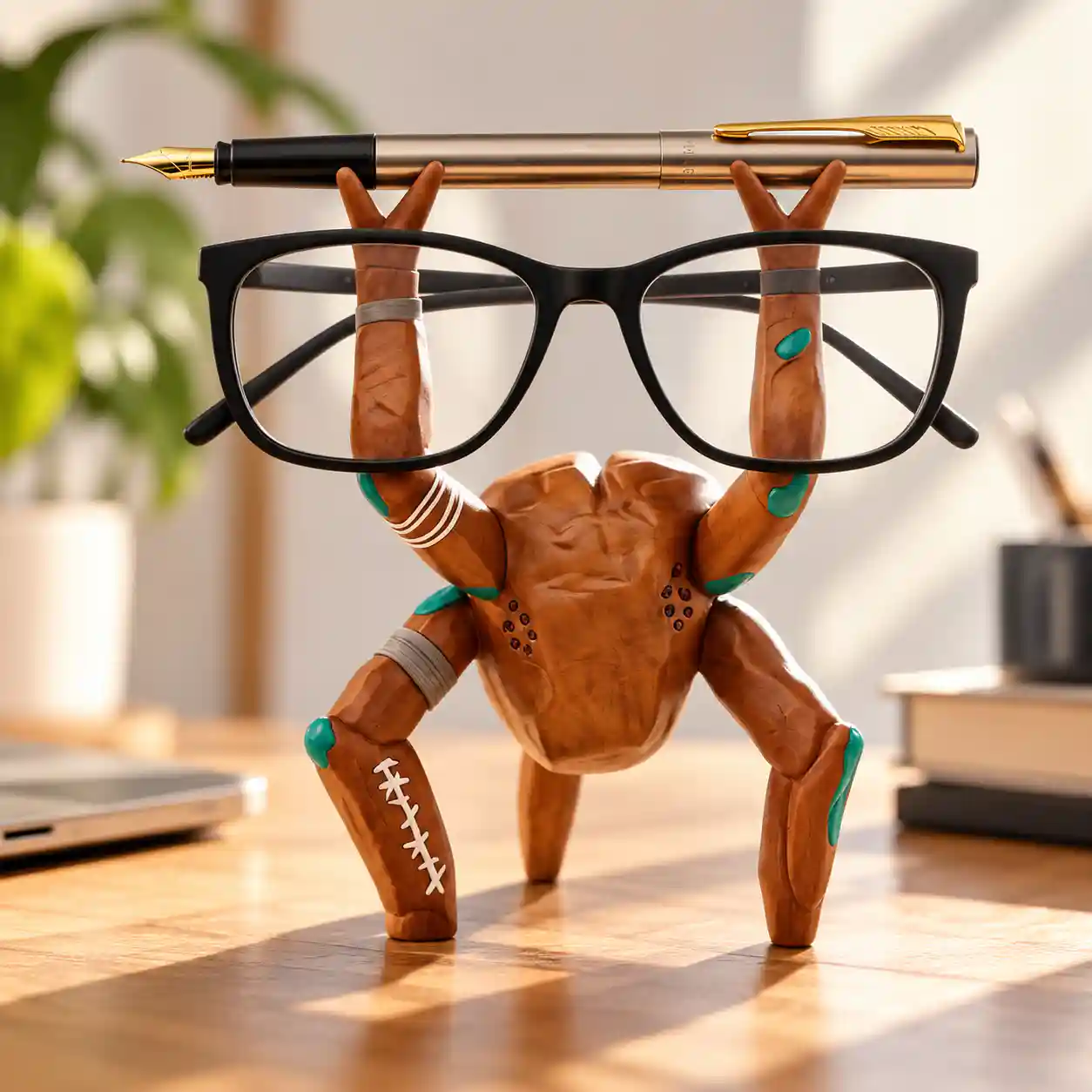 3D-printed pen holder and glasses stand holding black eyeglasses and a fountain pen on a wooden desk.