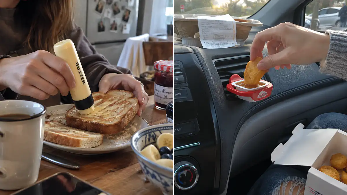 A butter stick spreads butter directly onto toast beside a Saucemoto-style dip clip holding ketchup and fries on a car air vent.