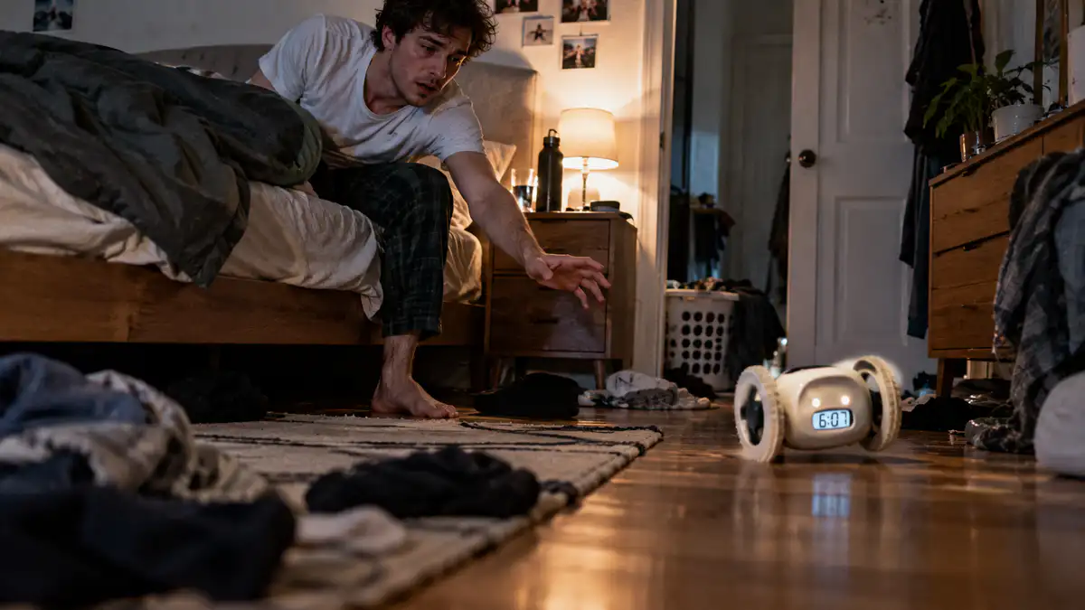 A wheeled runaway alarm clock rolls across a bedroom floor as a sleepy man reaches from bed to stop it.
