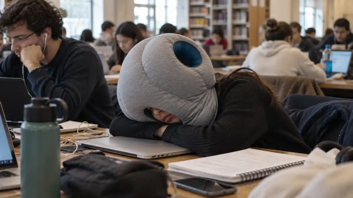 A student is in the library with an Ostrich Pillow.