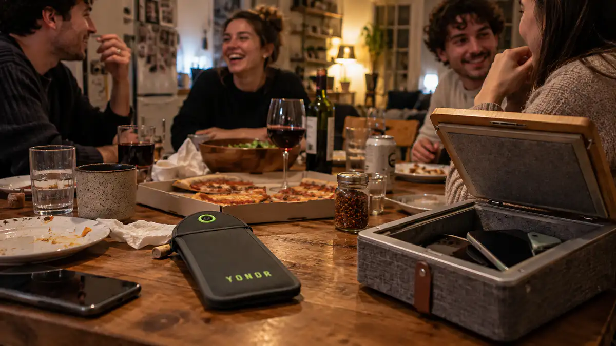 A group of friends talk over dinner while their smartphones are stored inside a physical phone lock box on the table.