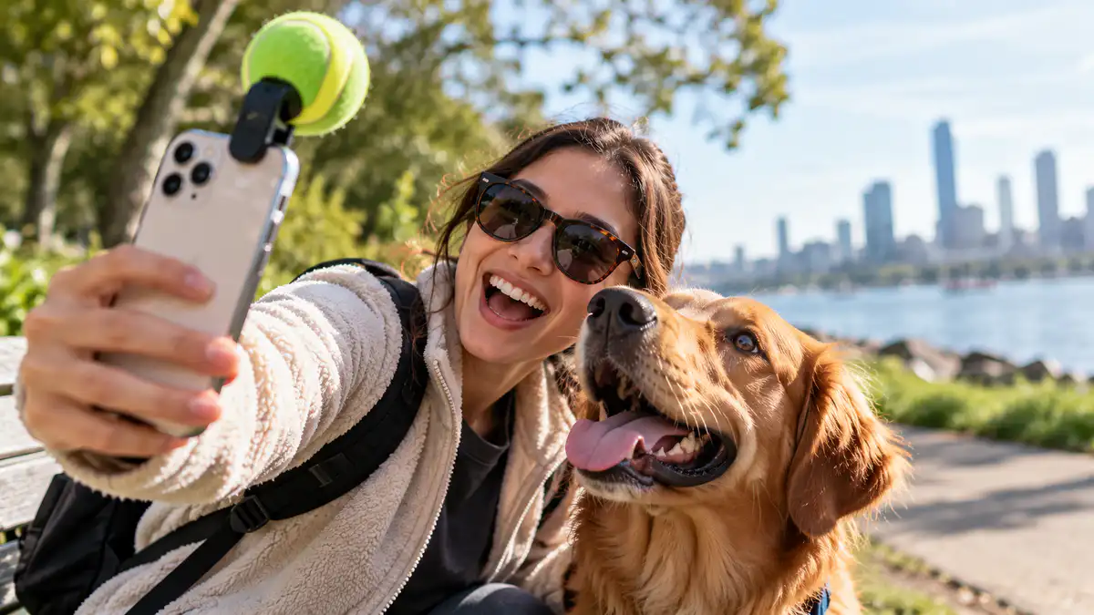 A woman takes a selfie with her dog using a tennis ball attached above the smartphone camera to hold the dog’s attention.