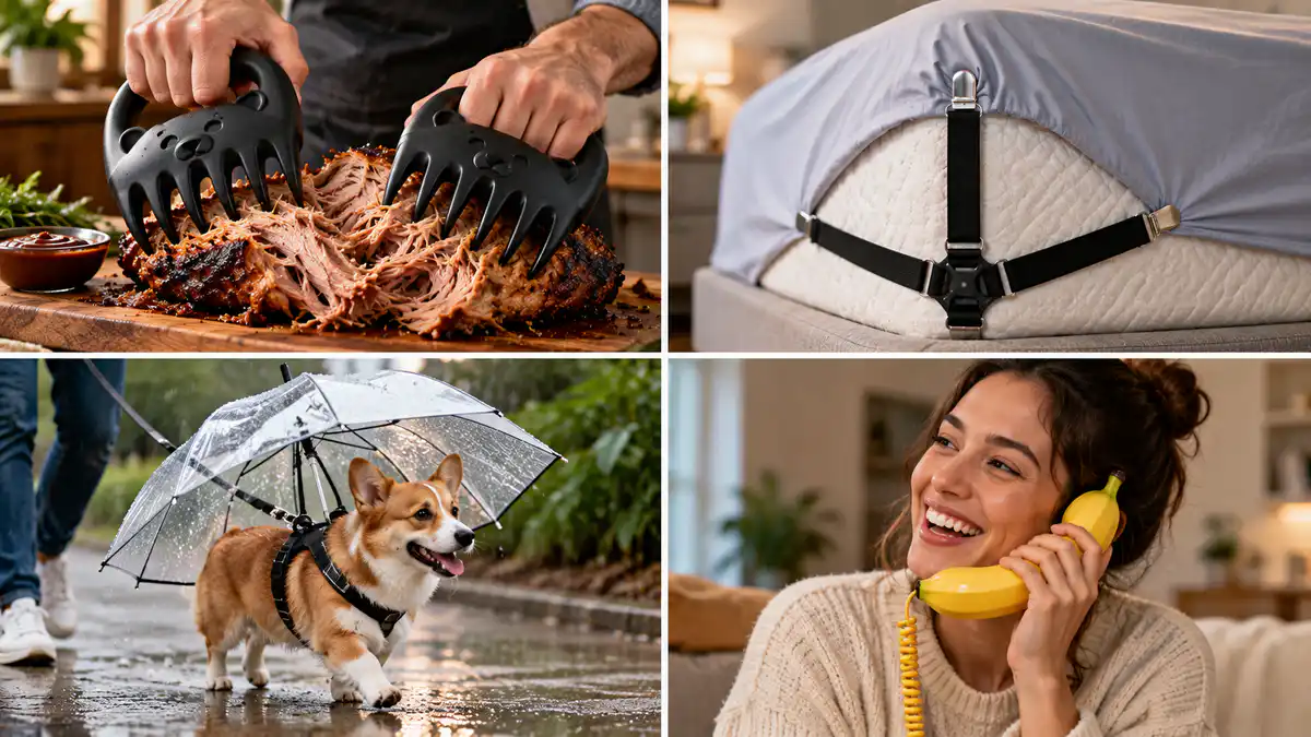 Collage showing meat shredding claws, sheet suspenders holding a fitted sheet, a dog walking under a clear umbrella, and a woman using a banana-shaped phone.