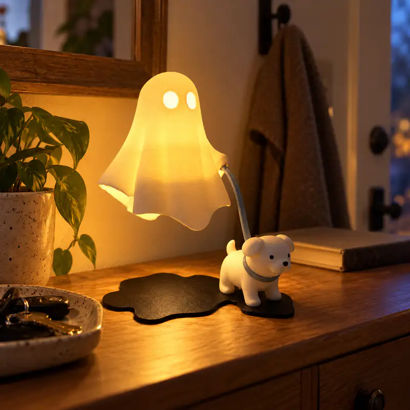 Ghost Walking Dog Lamp featuring a glowing white ghost, small cream-colored puppy, curved leash, and black shadow-shaped base.