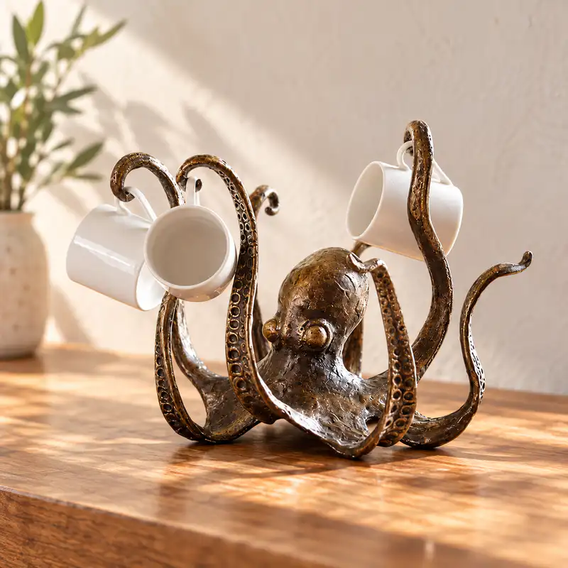 Vintage-style octopus mug holder with a bronze-look finish and white coffee mugs hanging from its curled tentacles on a wooden countertop.