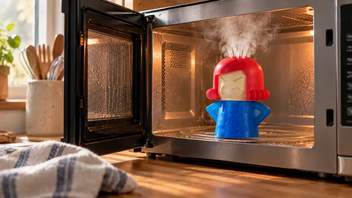Angry Mama microwave cleaner steaming inside an open microwave in a cozy kitchen setting.