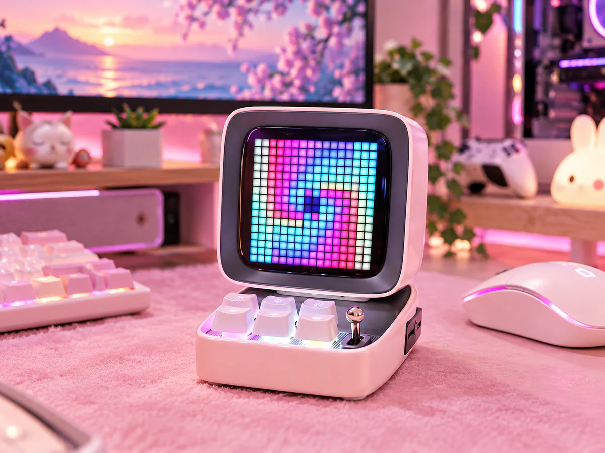 Pink Divoom Ditoo Pro Bluetooth speaker with a colorful pixel art display and illuminated mini keyboard on a pink gaming desk setup.