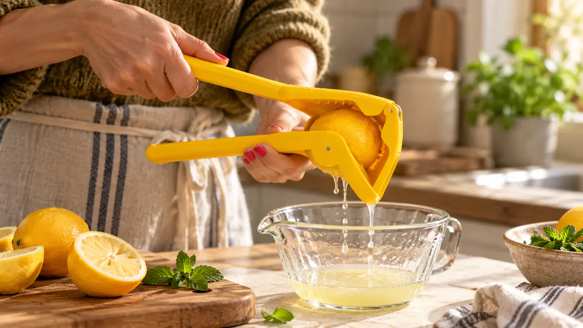 Hands using a yellow Dreamfarm Fluicer to squeeze fresh lemon juice into a glass bowl on a sunlit kitchen counter.