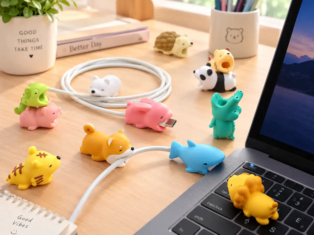 Colorful animal-shaped CABLE BITE protectors, including a shark, fox, pig, and dinosaur, arranged around white USB-C charging cables beside a laptop on a wooden desk.