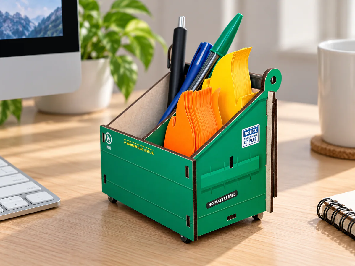 Genuine Fred Desk Dumpster, a green miniature dumpster-shaped desk organizer holding pens and orange and yellow flame-shaped sticky notes on an office desk.