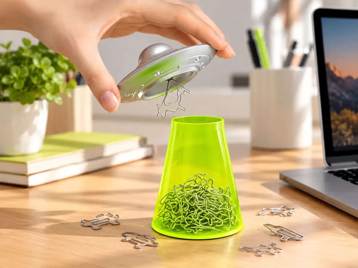 Genuine Fred Filing Saucer UFO-shaped magnetic paper clip holder lifting cow-shaped paper clips above a bright green container on an office desk.