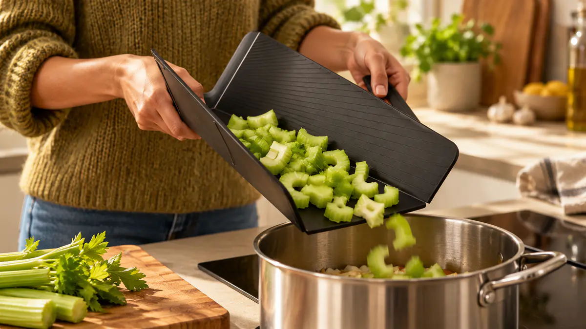 Joseph Joseph Chop2Pot folding cutting board transferring chopped celery into a cooking pot in a warm, naturally lit kitchen.