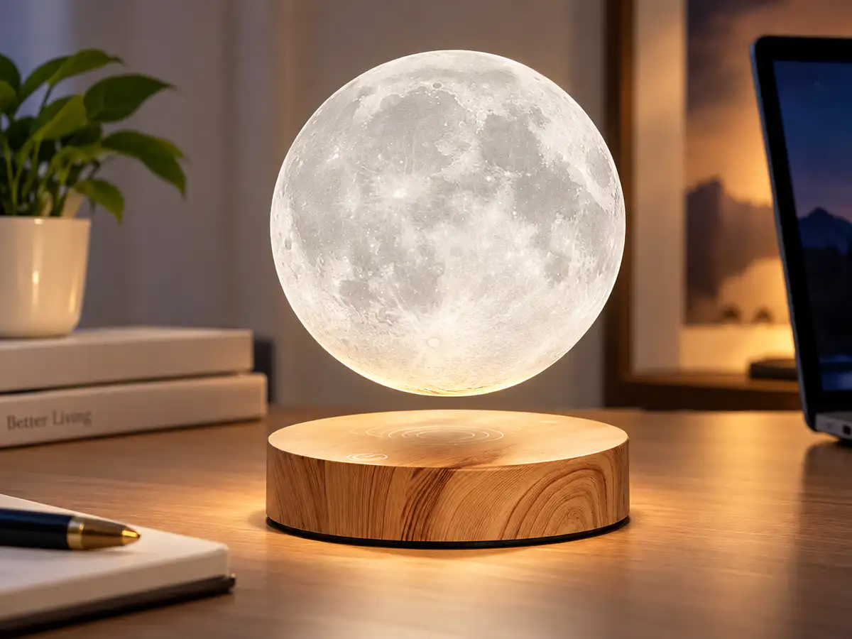 Glowing levitating moon lamp floating above a round wooden magnetic base on a modern desk, creating warm ambient lighting.
