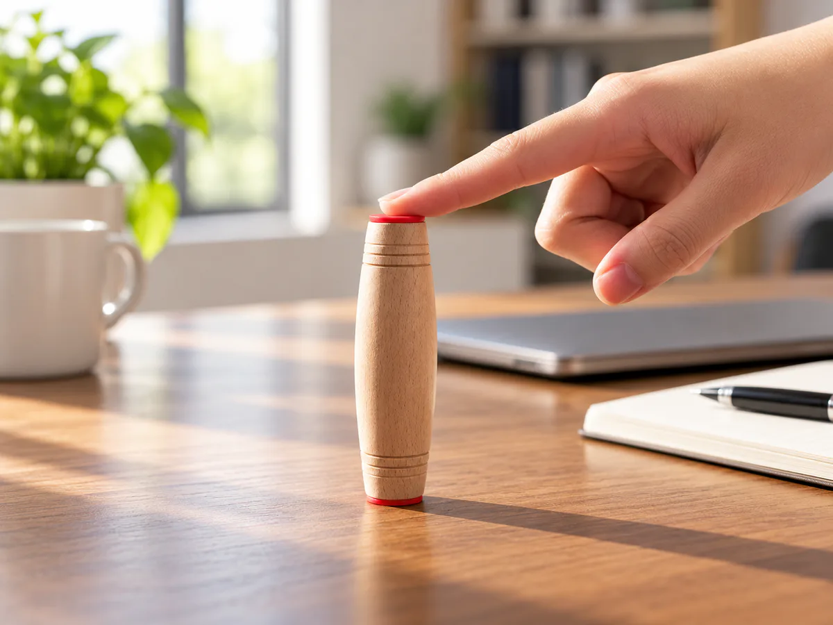 A wooden MOKURU desk toy with red rubber ends standing upright on a wooden desk as a finger gently touches the top.