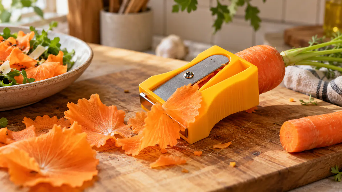 Monkey Business Karoto vegetable peeler turning a carrot into decorative curls on a wooden cutting board in a sunlit kitchen.