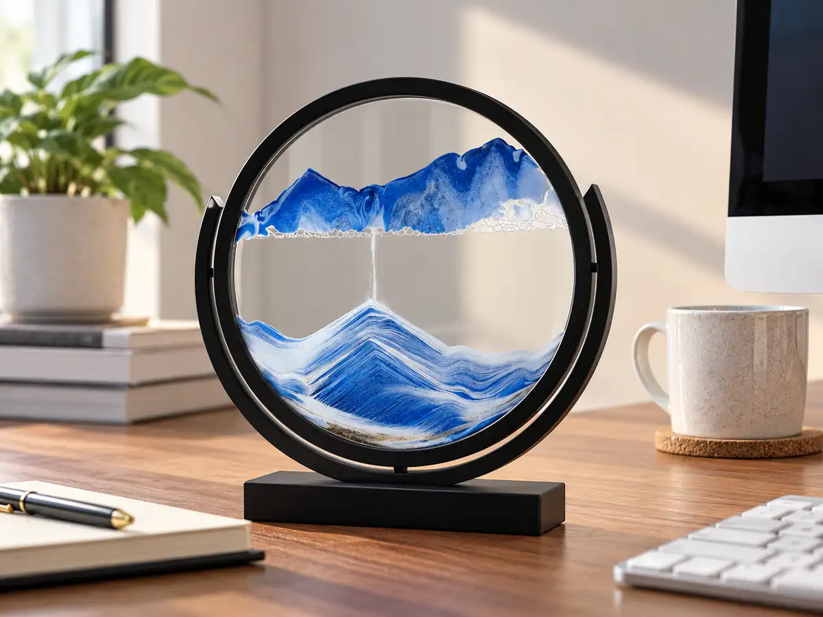 Circular moving sand art with blue and white layered sand forming mountain-like patterns inside a black frame on a wooden office desk.