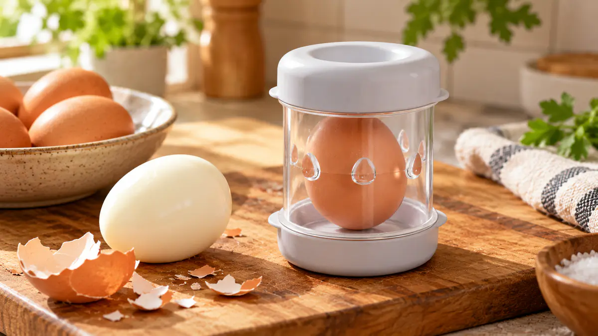 NEGG egg peeler holding a brown egg beside a peeled hard-boiled egg and broken eggshells on a kitchen countertop.