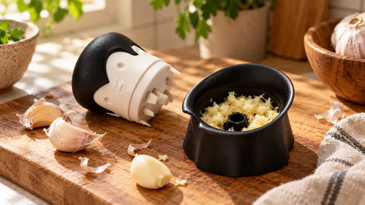 OTOTO Gracula vampire-shaped garlic crusher opened to reveal minced garlic, with fresh garlic cloves on a wooden cutting board.