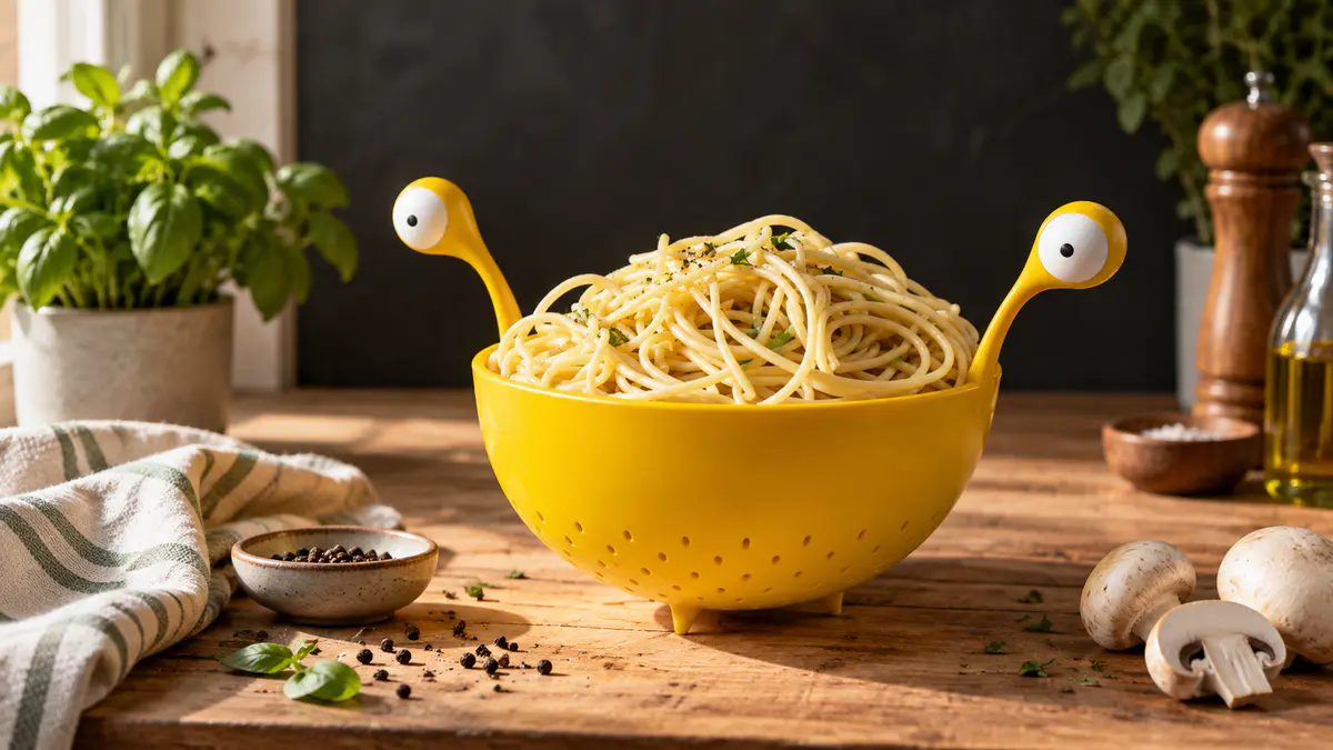 OTOTO Spaghetti Monster yellow colander filled with spaghetti on a rustic kitchen table with herbs, mushrooms, and cooking ingredients.