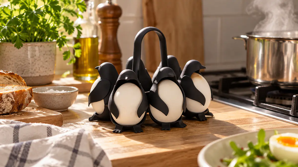 Peleg Design Egguins holding six eggs on a wooden kitchen counter beside a steaming pot in warm natural light.