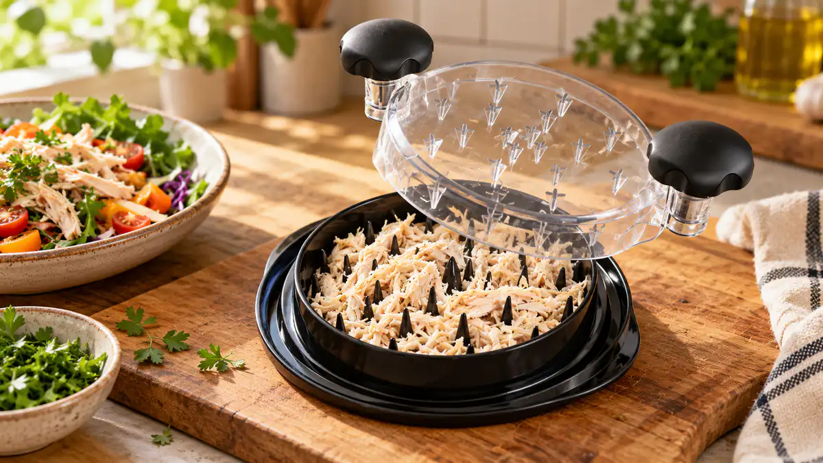 SURETIVIAN chicken shredder with its clear lid open, showing shredded cooked chicken inside on a wooden kitchen counter.