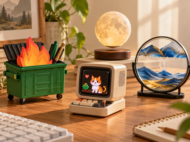 A collection of weird desk gadgets featuring a dumpster pen holder, retro pixel speaker, moving sand art, and levitating moon lamp on a wooden desk.