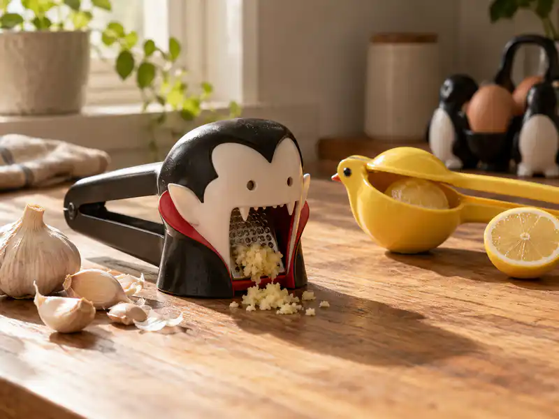 Vampire-shaped garlic crusher, yellow citrus squeezer, and penguin egg holder on a sunlit wooden kitchen counter.